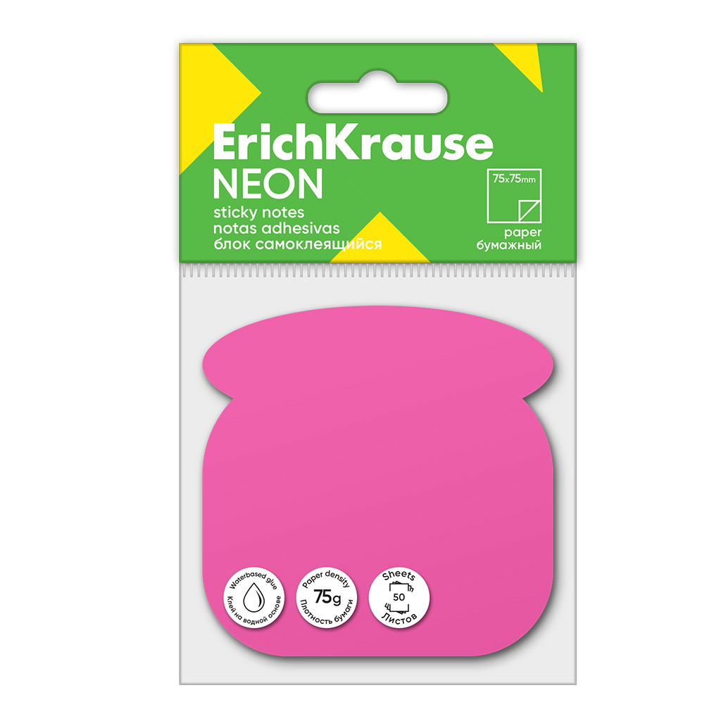 Блок самоклеящийся бумажный ErichKrause Phone Neon, 50 листов, розовый