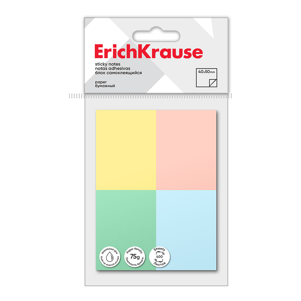Блок самоклеящийся бумажный ErichKrause 40х50 мм, 400 листов, 4 цвета