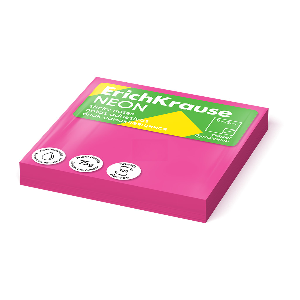 Блок самоклеящийся бумажный ErichKrause Neon, 75х75 мм, 100 листов, розовый