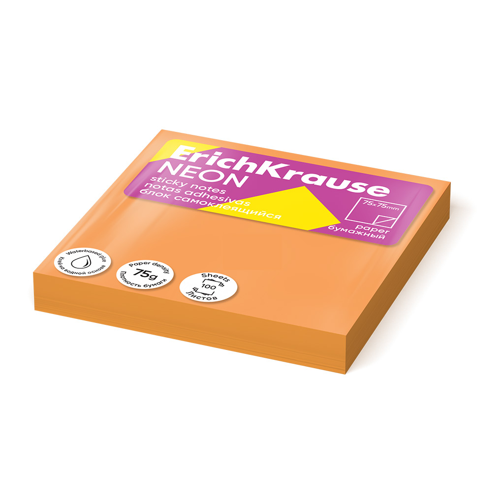 Блок самоклеящийся бумажный ErichKrause Neon, 75х75 мм, 100 листов, оранжевый