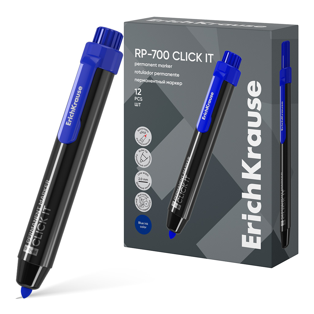 Перманентный маркер автоматический  ErichKrause RP-700 Click it, цвет чернил синий (в коробке по 12 шт.)