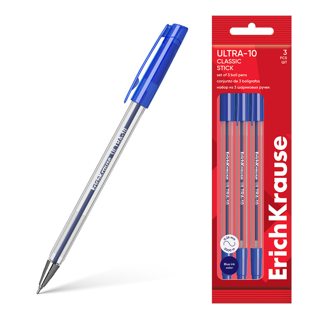 Набор из 3 ручек шариковых ErichKrause ULTRA-10 Stick Classic 0.7, Super Glide Technology, цвет чернил синий (в пакете)