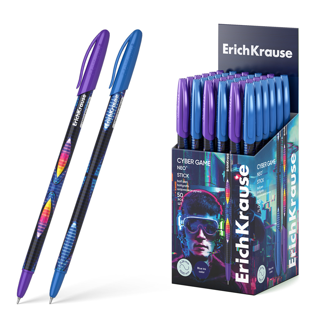 Ручка шариковая ErichKrause Neo® Stick Cyber Game 0.7, Super Glide  Technology, цвет чернил синий (в коробке по 50 шт.) - ЭлимКанц