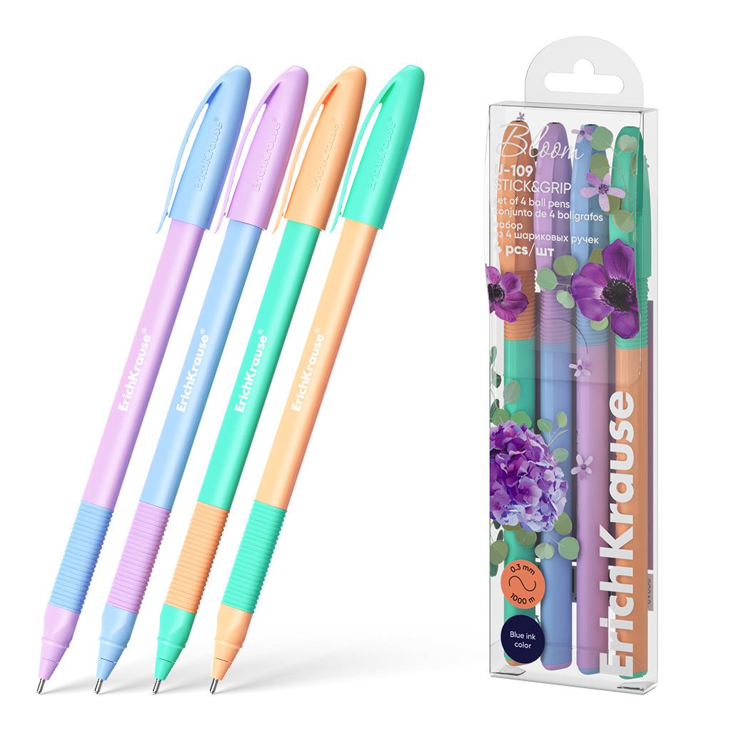 Набор из 4 ручек шариковых ErichKrause U-109 Stick&Grip Pastel Bloom 1.0, Ultra Glide Technology, цвет чернил синий (в пэт-боксе)