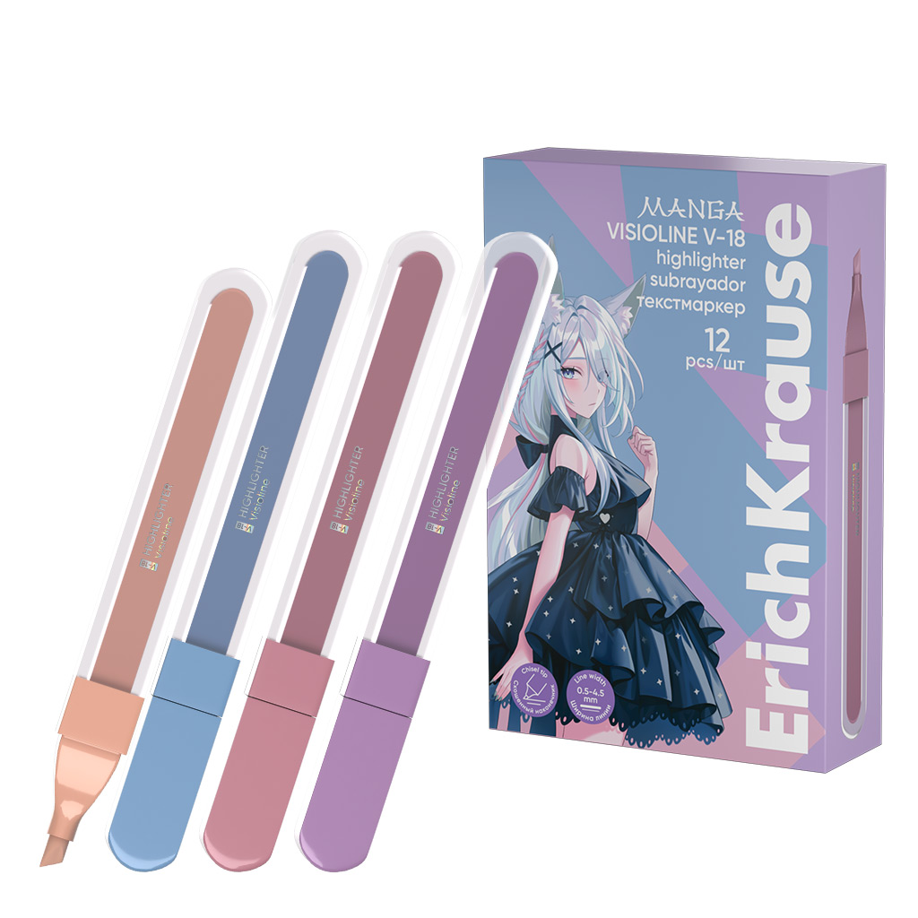Текстмаркер ErichKrause Visioline V-18 Manga, цвет чернил: фиолетовый, розовый, бежевый, голубой (в коробке по 12 шт.)