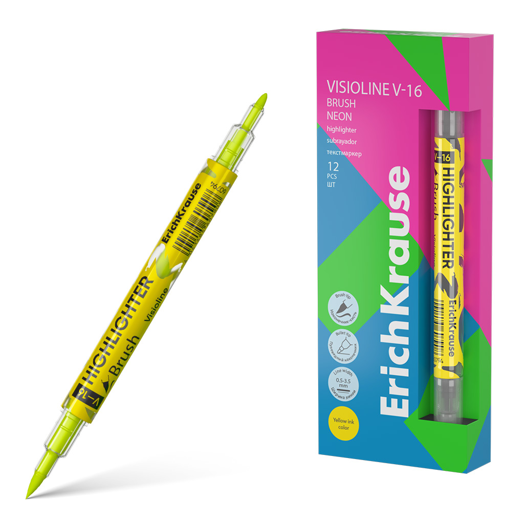 Текстовыделитель EK Visioline V-16 Brush Neon 0,5 - 3,5мм, жёлтый, двухсторонний