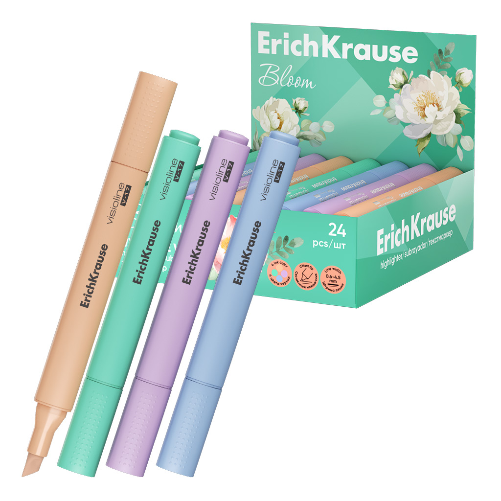 Текстмаркер ErichKrause Visioline V-17 Pastel Bloom, цвет чернил ассорти (в коробке-дисплее по 24 шт.)