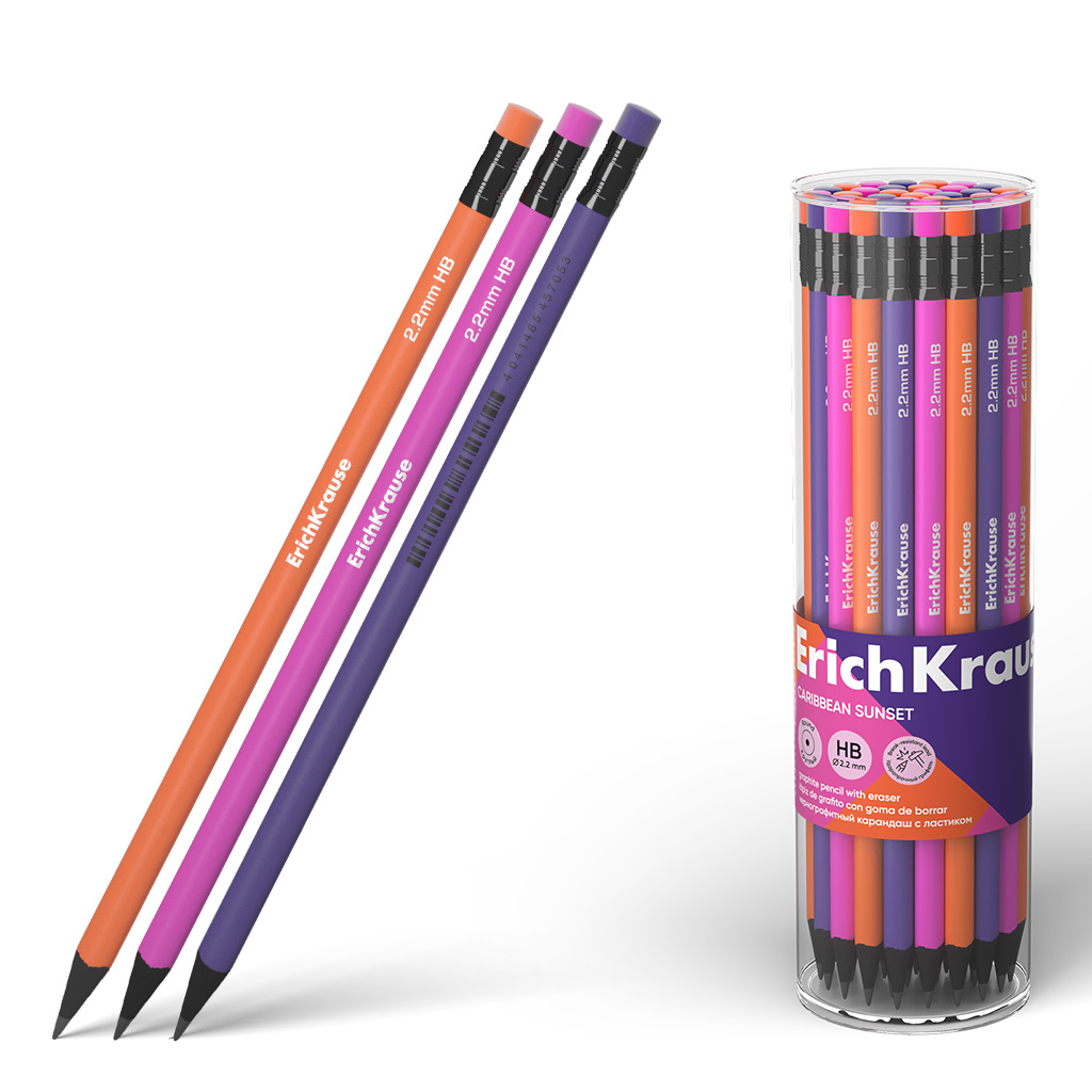 Чернографитный карандаш ErichKrause Caribbean Sunset, круглый, с ластиком, HB (в тубусе по 42 шт.)
