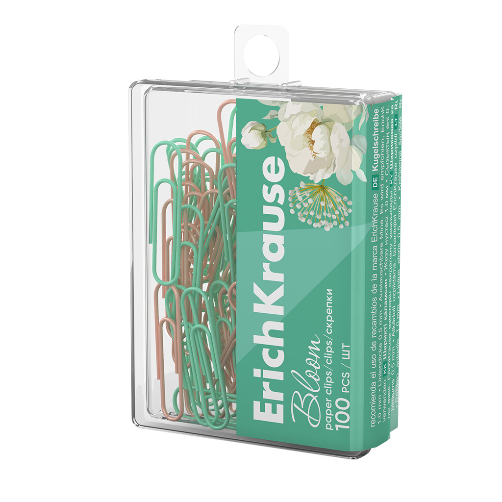 Скрепки металлические с виниловым покрытием ErichKrause Pastel Bloom, 28мм, ассорти ( в пластиковой коробке 100 шт.)