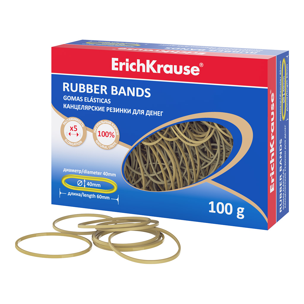 Канцелярские резинки для денег ErichKrause диаметр 40 мм/длина 60 мм, натур.цвет (в коробке-диспенсере по 100г.)