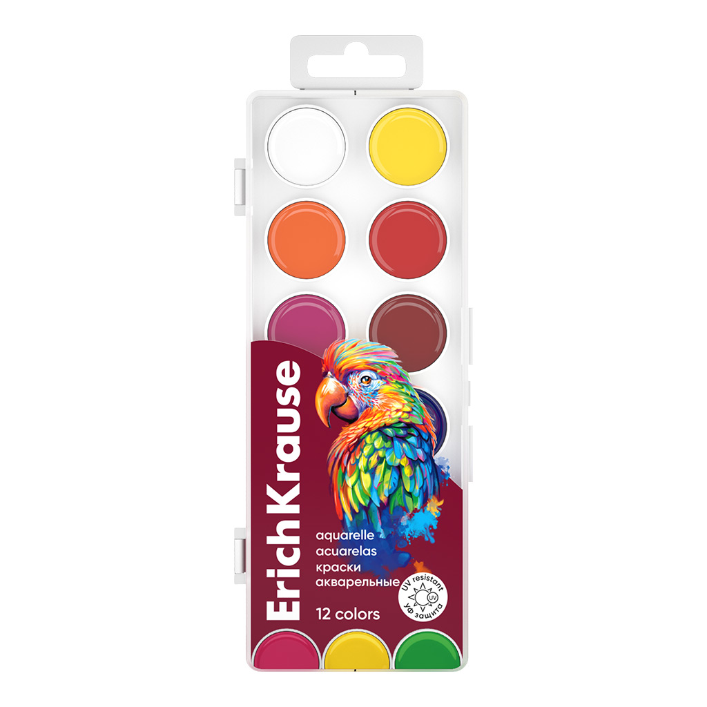 Краски акварельные ErichKrause Safari с УФ защитой яркости 12 цветов (в пластиковой коробке с европо