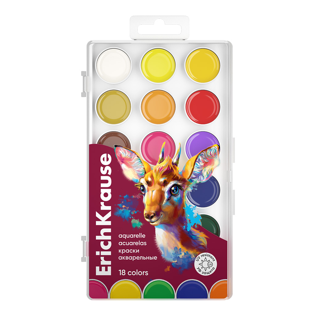Краски акварельные ErichKrause Safari с УФ защитой яркости 18 цветов (в пластиковой коробке с европодвесом)