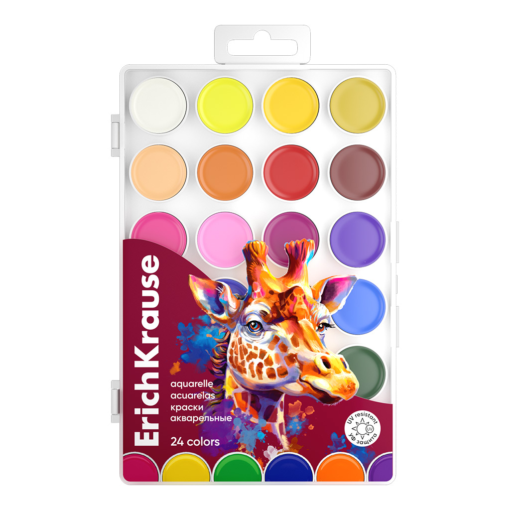 Краски акварельные ErichKrause Safari с УФ защитой яркости 24 цвета (в пластиковой коробке с европодвесом)
