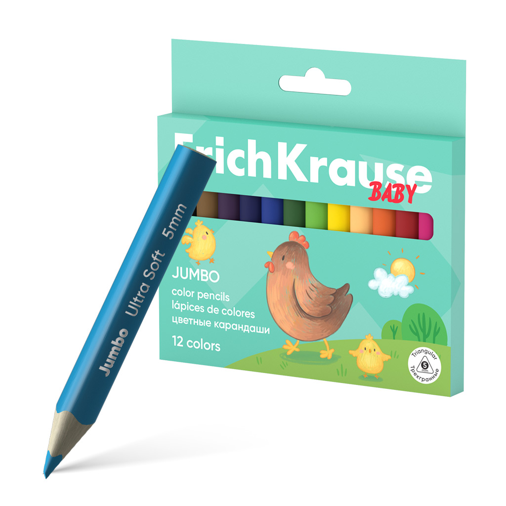 Цветные карандаши деревянные ErichKrause Baby Jumbo укороченные трехгранные, грифель 5 мм, 12 цветов (в коробке с европодвесом 12 шт)