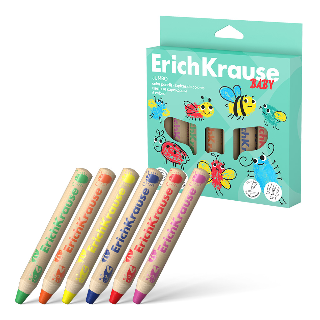 Цветные карандаши деревянные ErichKrause Baby Jumbo утолщенные круглые, грифель 10 мм, 6 цветов с точилкой (в коробке с европодвесом 6 шт)