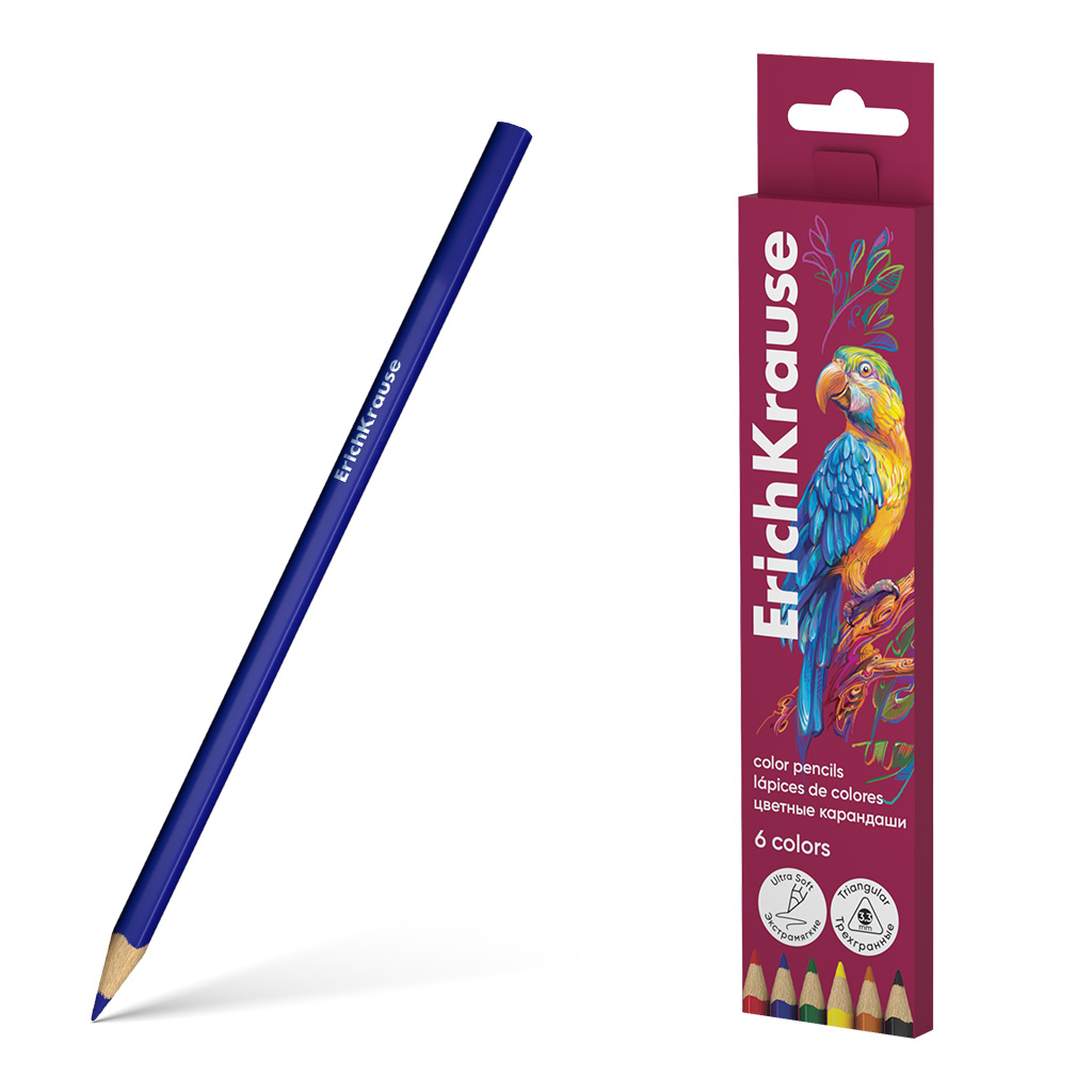 Цветные карандаши деревянные ErichKrause Safari трехгранные, грифель 3,3 мм, 6 цветов (в коробке с европодвесом 6 шт)