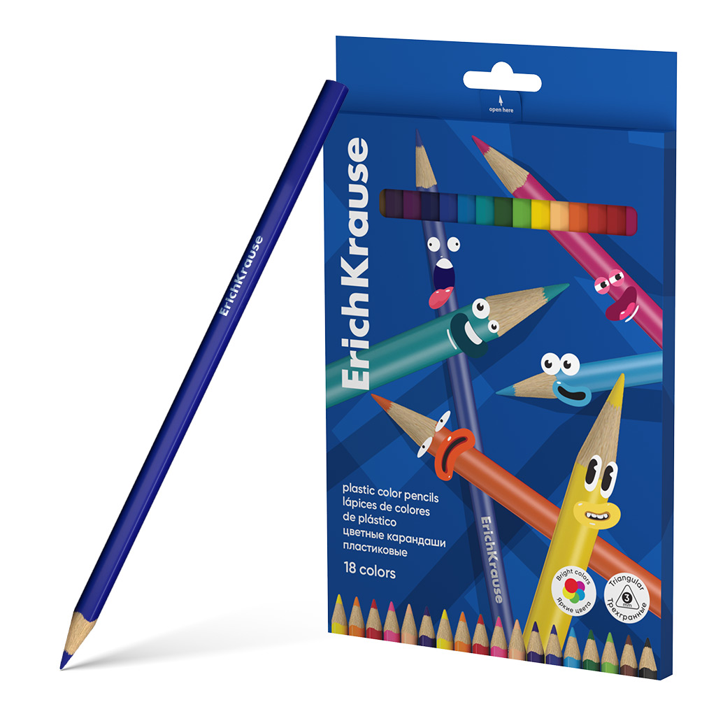 Цветные карандаши пластиковые ErichKrause Color Friends трехгранные, грифель 3 мм, 18 цветов (в коробке с европодвесом 18 шт)