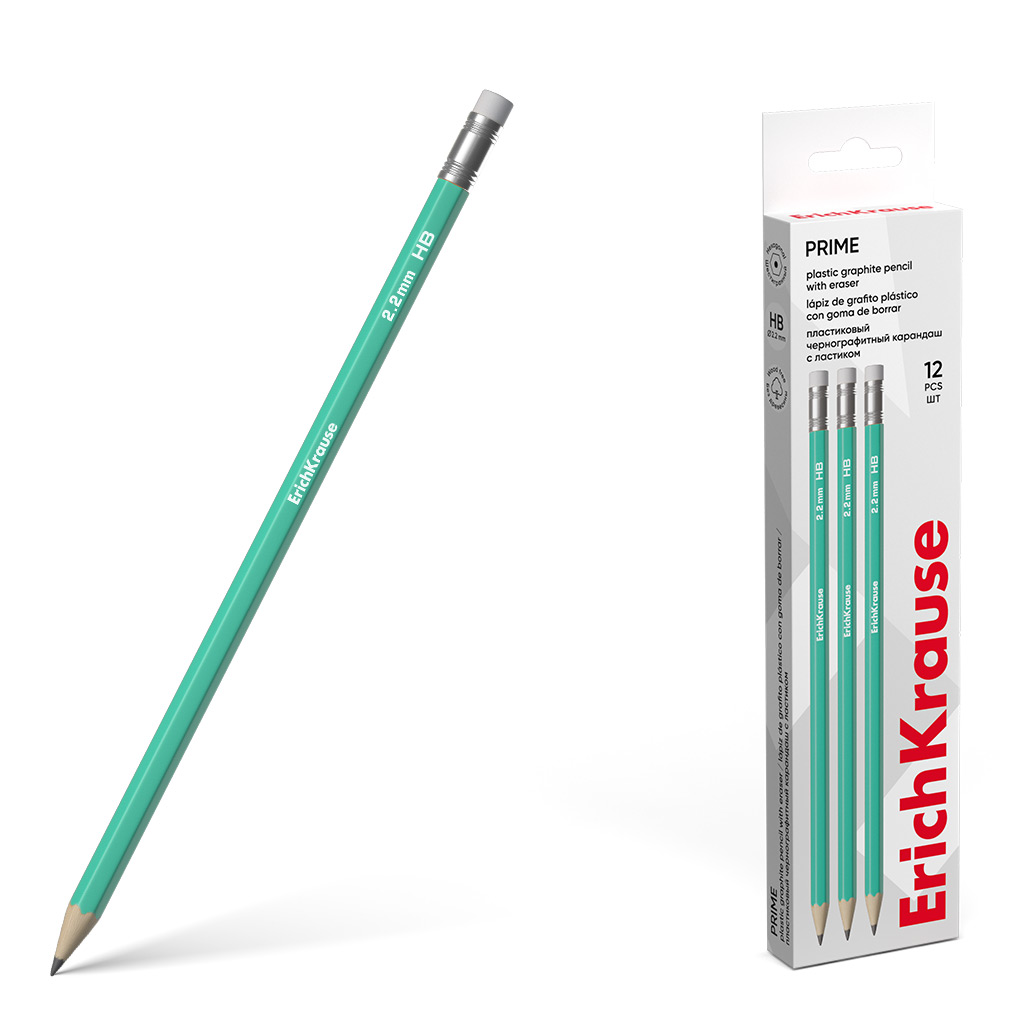 Чернографитный карандаш пластиковый ErichKrause Prime, шестигранный, с ластиком, HB (в коробке по 12 шт.)
