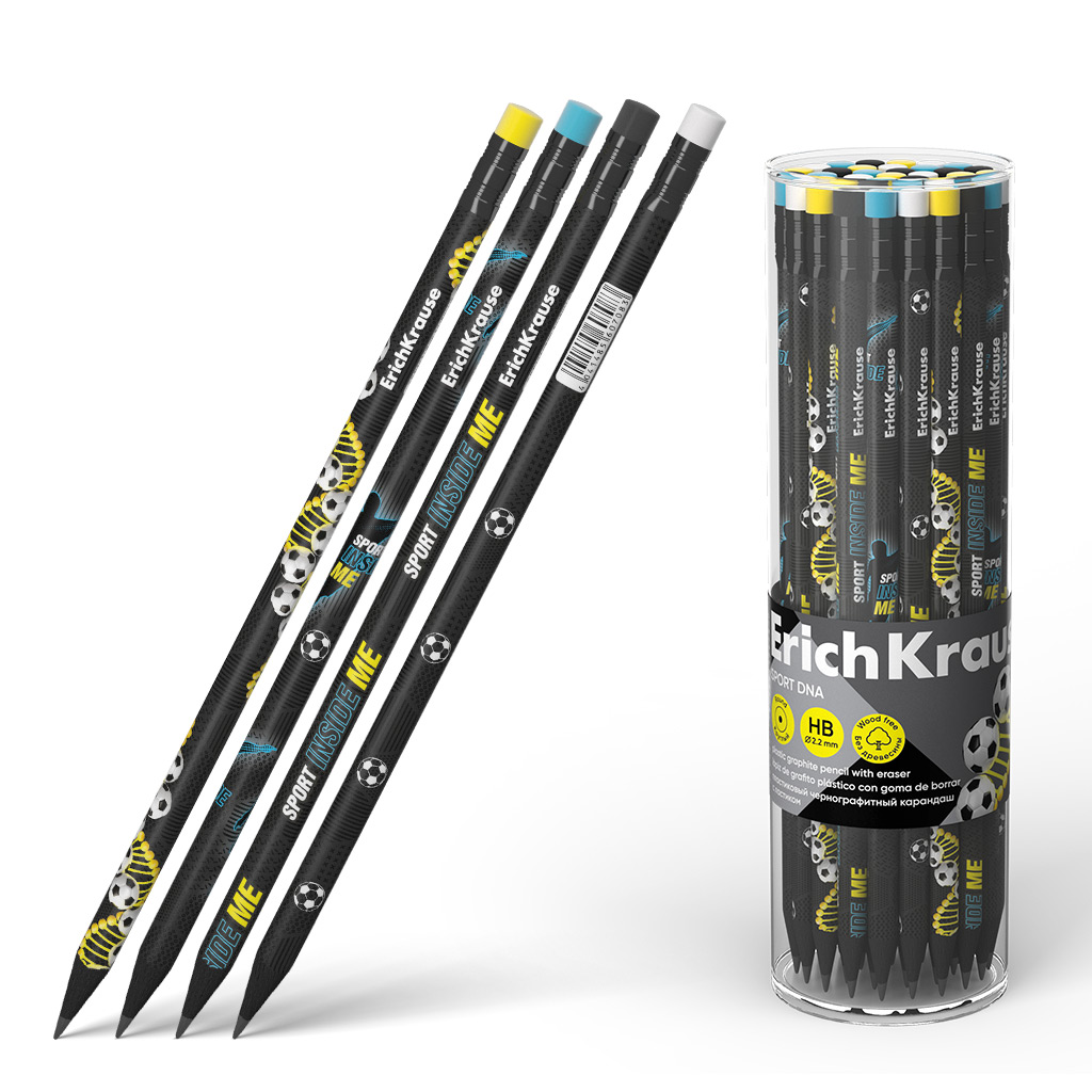 Чернографитный карандаш пластиковый  ErichKrause Sport DNA, круглый, с ластиком, HB (в тубусе по 42 шт.)