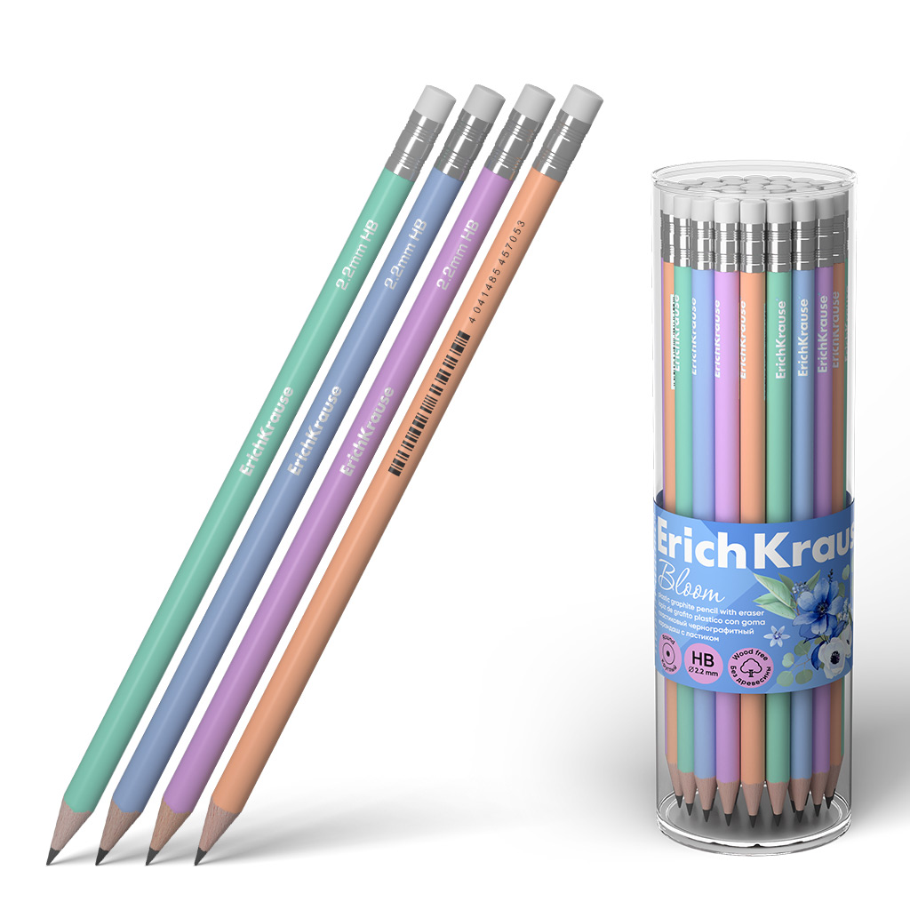 Чернографитный карандаш пластиковый  ErichKrause JOY® Pastel Bloom, круглый, с ластиком, HB (в тубусе по 42 шт.)