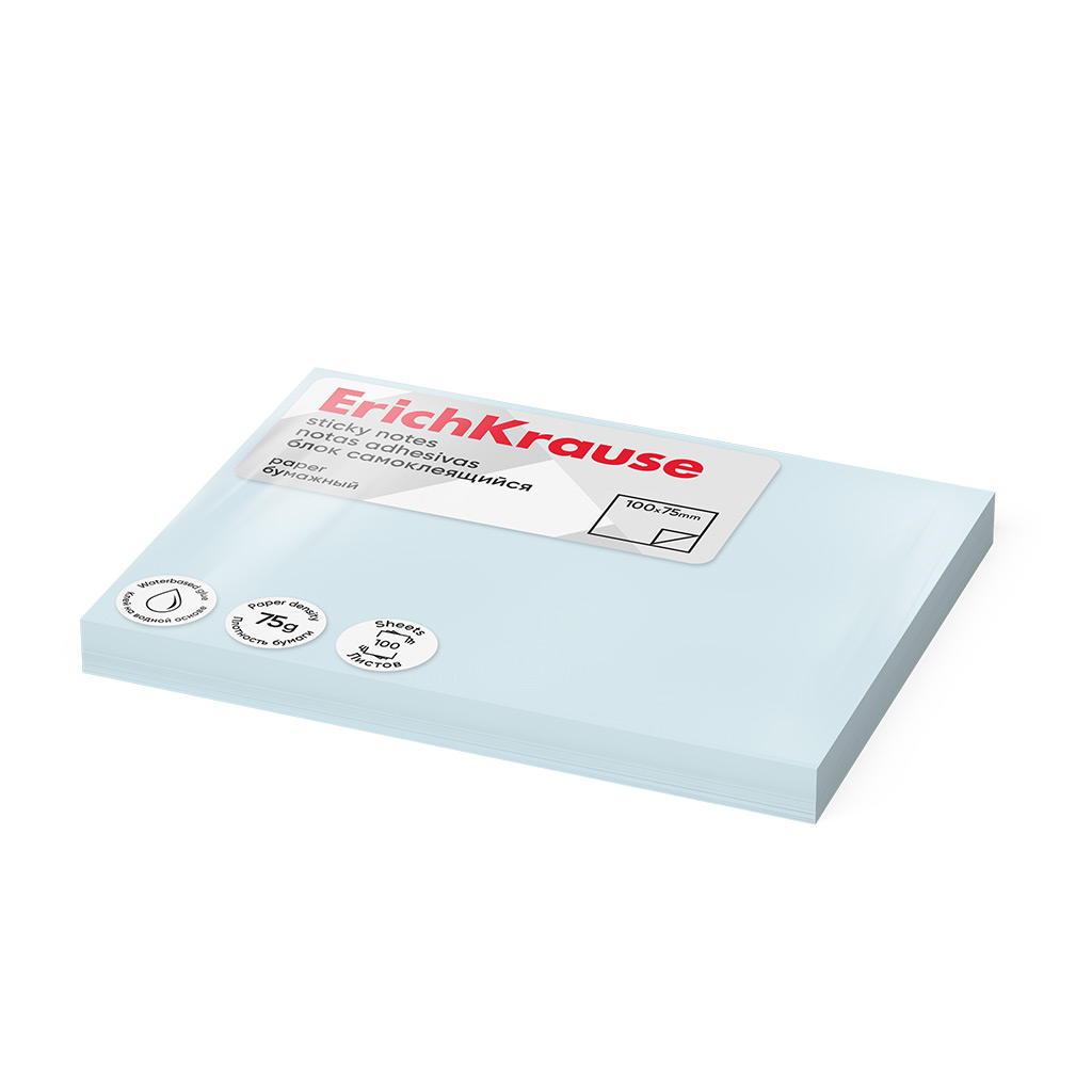 Блок самоклеящийся бумажный ErichKrause 100х75 мм, 100 листов, голубой