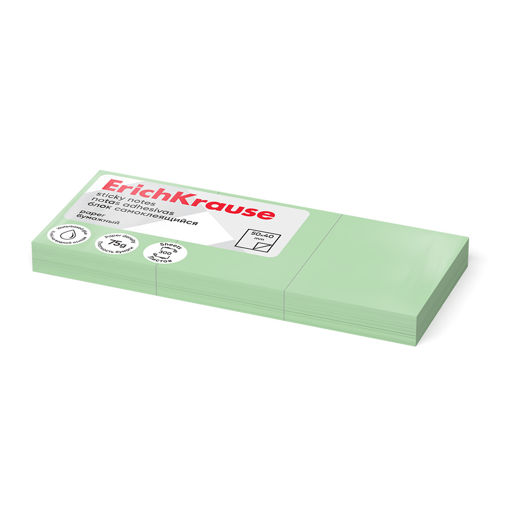 Блок самоклеящийся бумажный ErichKrause 40х50 мм, 300 листов, зеленый