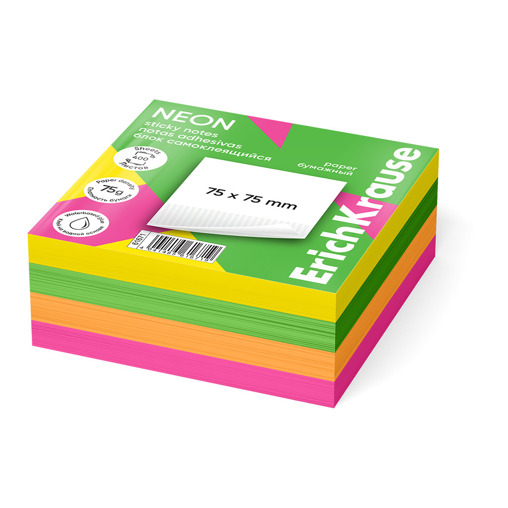 Блок самоклеящийся бумажный ErichKrause Neon, 75х75 мм, 400 листов, 4 цвета