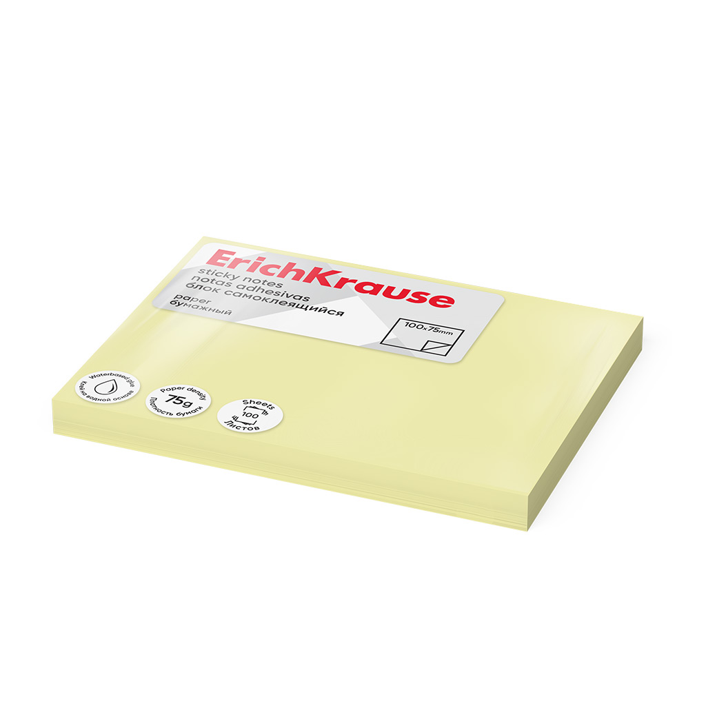 Блок самоклеящийся бумажный ErichKrause 100х75 мм, 100 листов, желтый