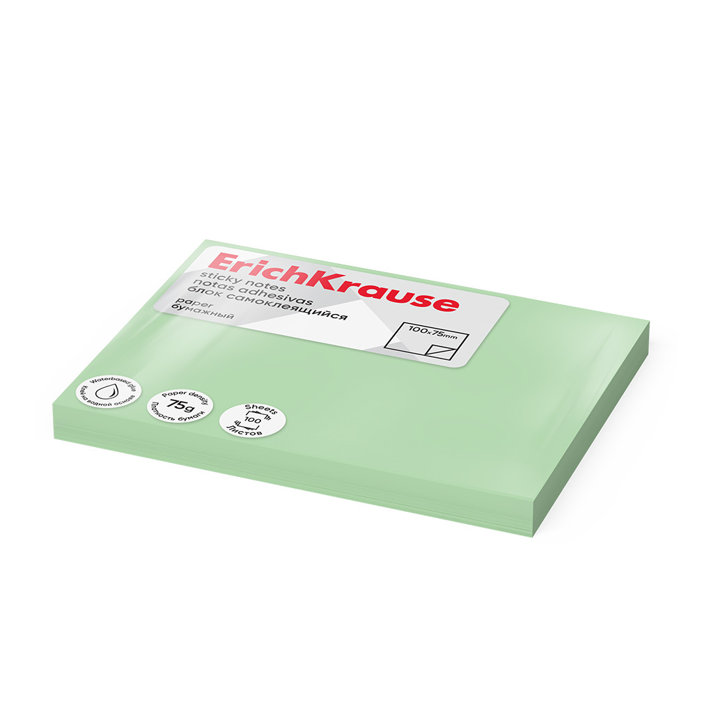 Блок самоклеящийся бумажный ErichKrause 100х75 мм, 100 листов, зеленый