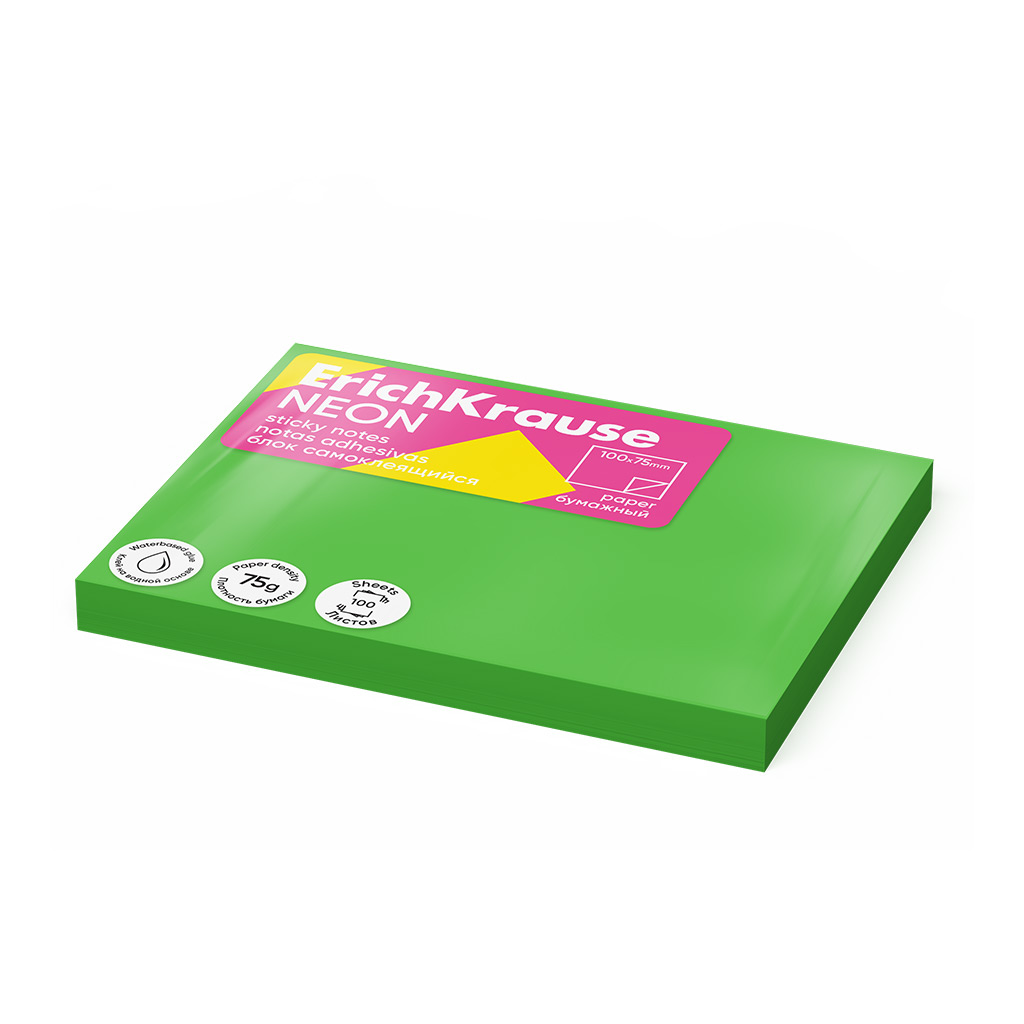 Блок самоклеящийся бумажный ErichKrause Neon, 100х75 мм, 100 листов, зеленый