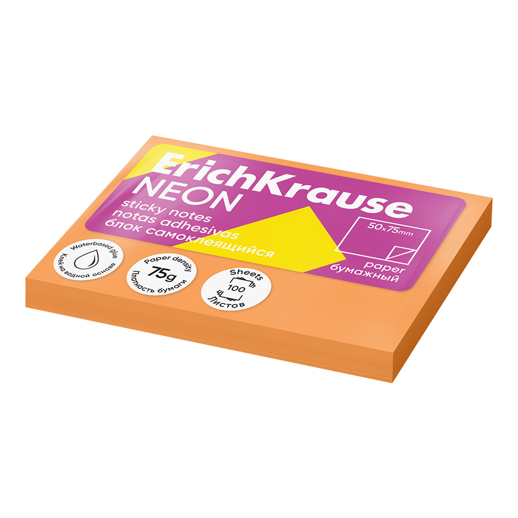 Блок самоклеящийся бумажный ErichKrause Neon, 75х50 мм, 100 листов, оранжевый