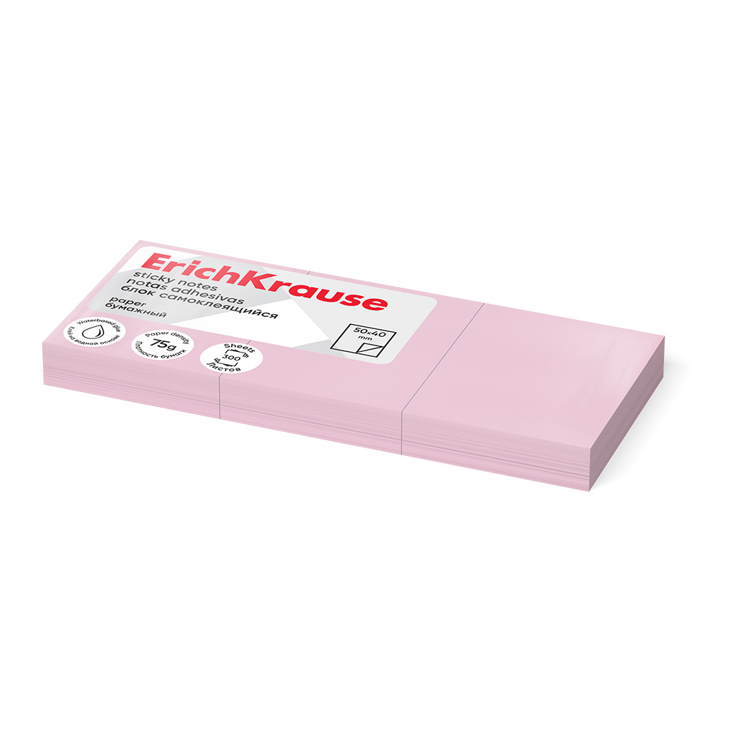 Блок самоклеящийся бумажный ErichKrause 40х50 мм, 300 листов, розовый