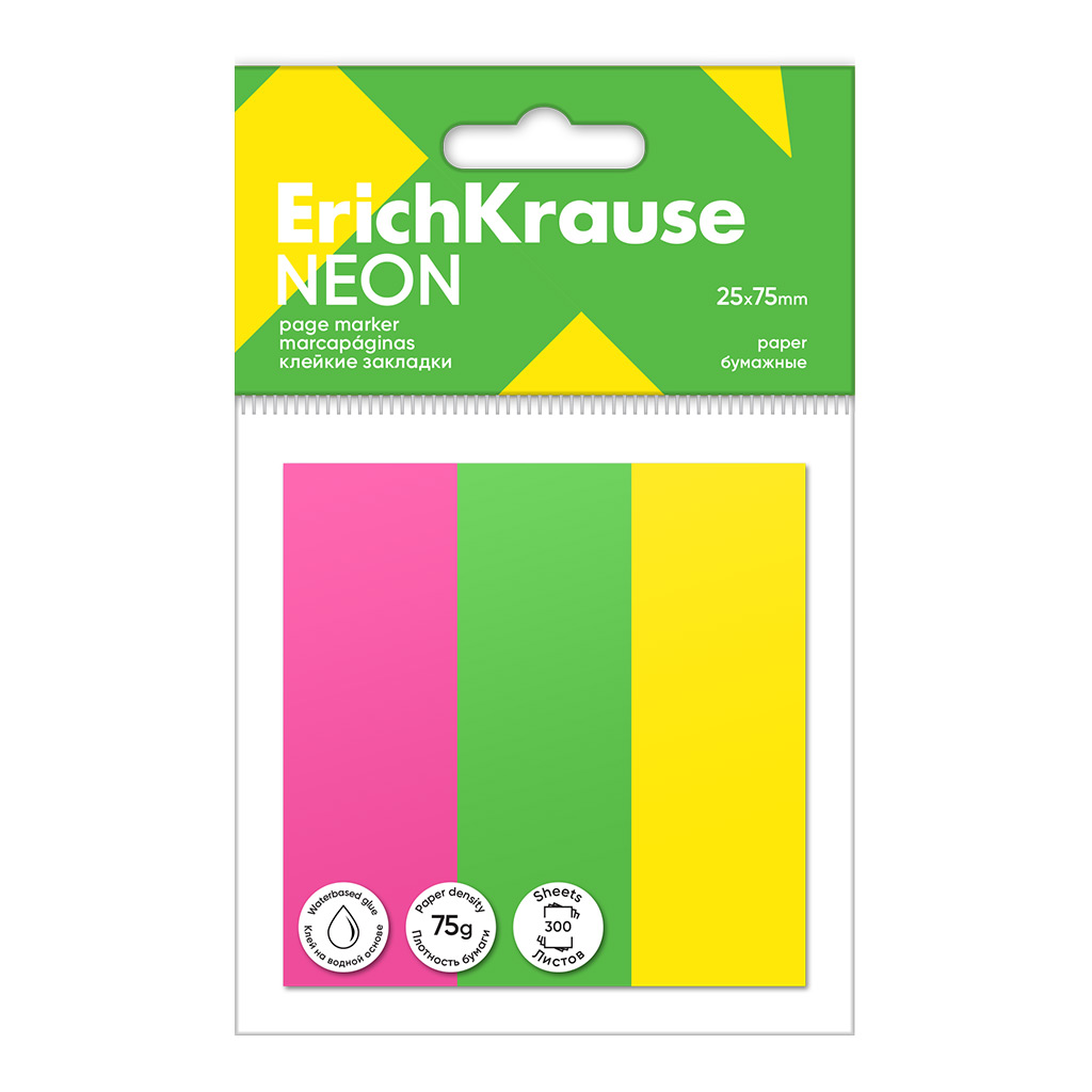 Клейкие закладки бумажные ErichKrause Neon, 25x75 мм, 300 листов, 3 цвета