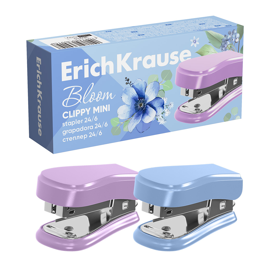 Мини-степлер №24/6, 26/6 ErichKrause Clippy Mini Pastel Bloom до 15 листов, ассорти (в коробке по 1 шт.)
