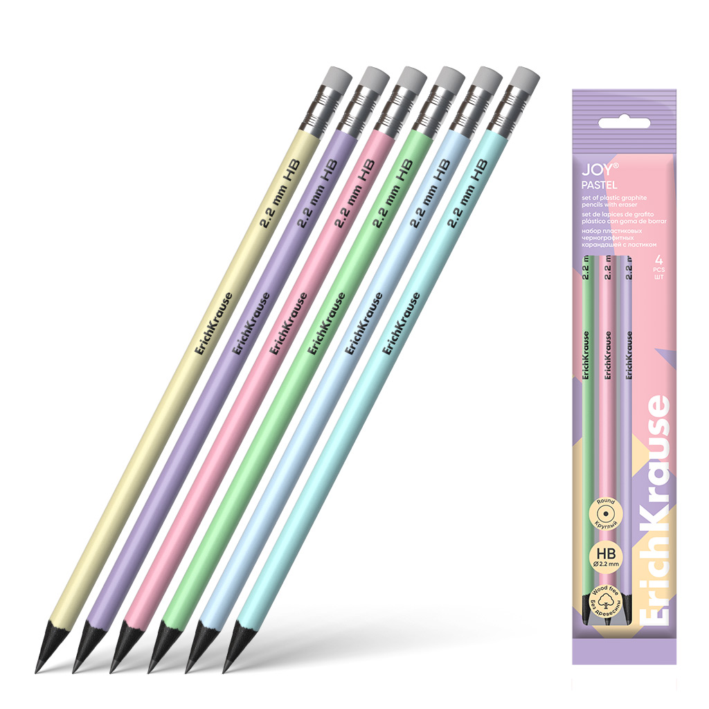 Набор из 4 чернографитных карандашей пластиковых ErichKrause JOY® Pastel, круглых, с ластиком, HB (в пакете)