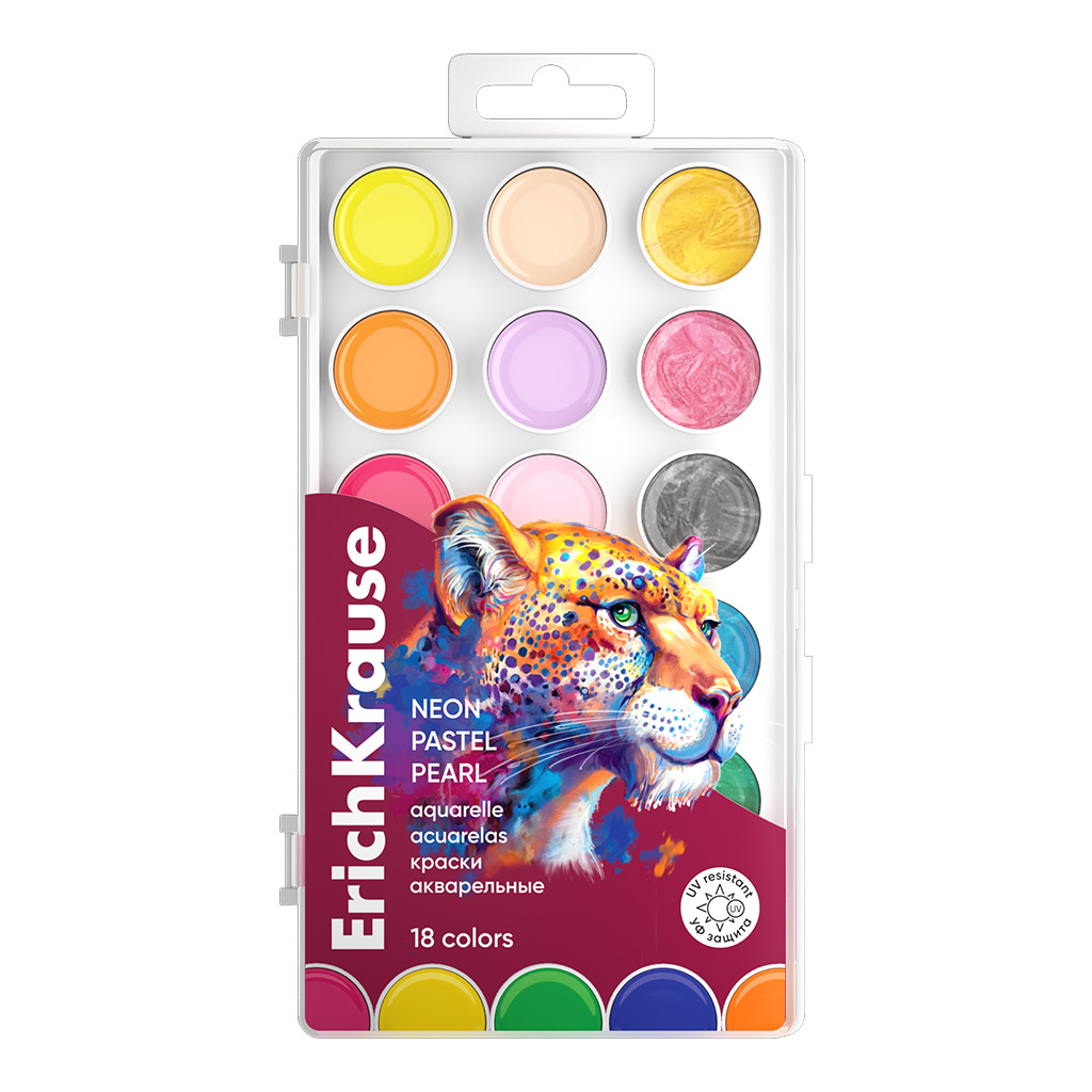 Краски акварельные ErichKrause Safari Neon+Pastel+Pearl с УФ защитой яркости 18 цветов (в пластиковой коробке с европодвесом)