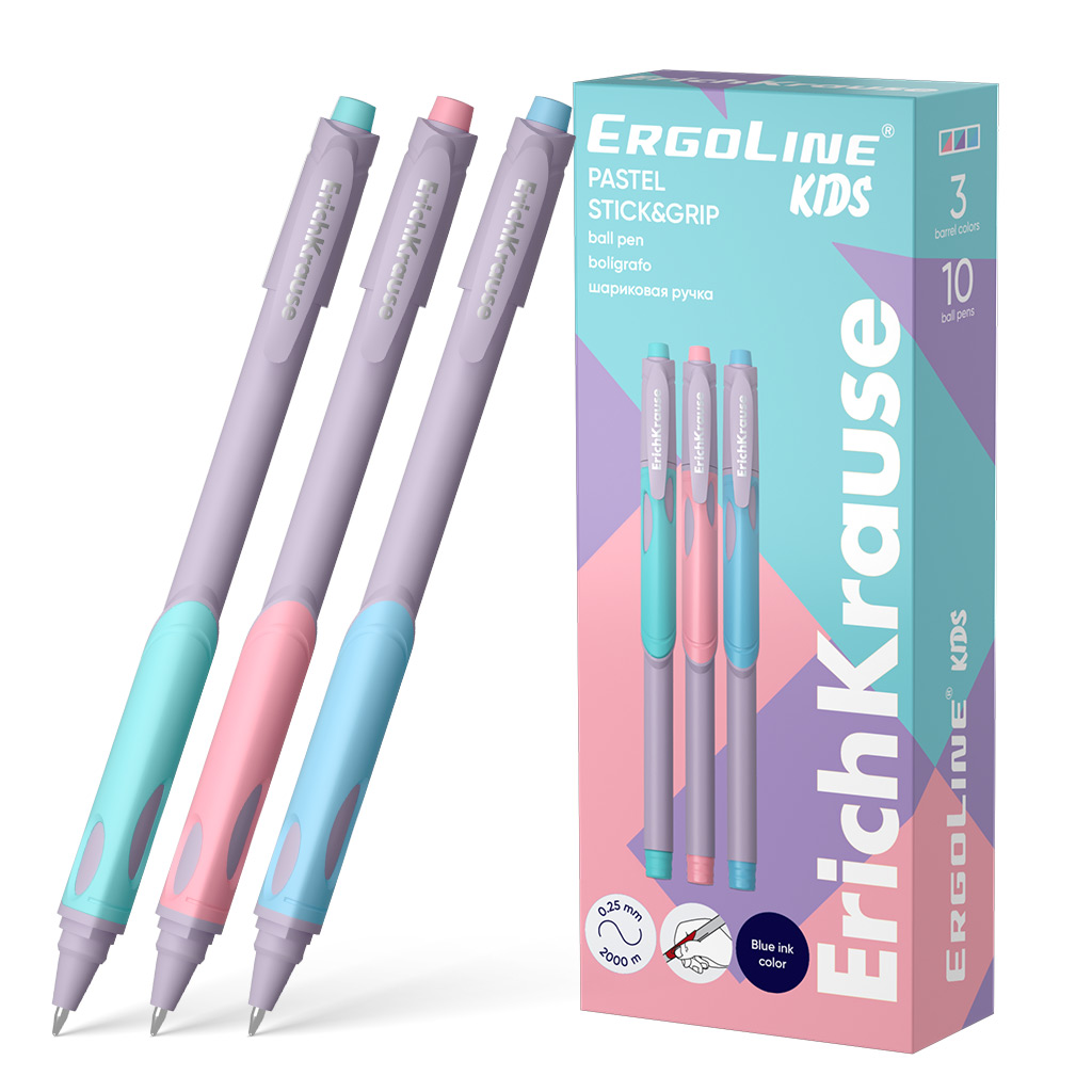 Ручка шариковая ErichKrause ErgoLine® Kids Stick&Grip Pastel 0.5, Super Glide Technology, цвет  чернил синий (в коробке по 10 шт.)