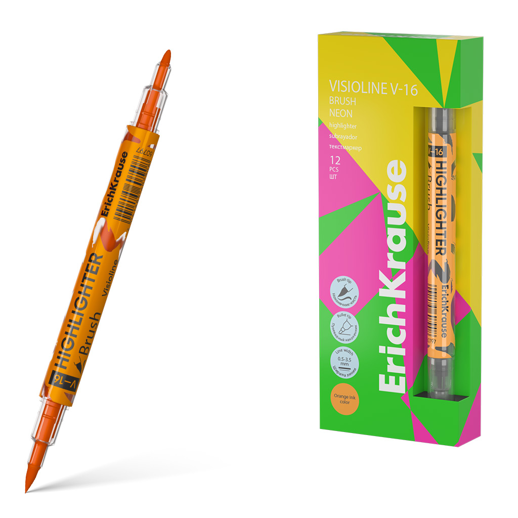 Двухсторонний текстмаркер ErichKrause  Visioline V-16 Brush Neon, цвет чернил оранжевый (в коробке по 12 шт.)