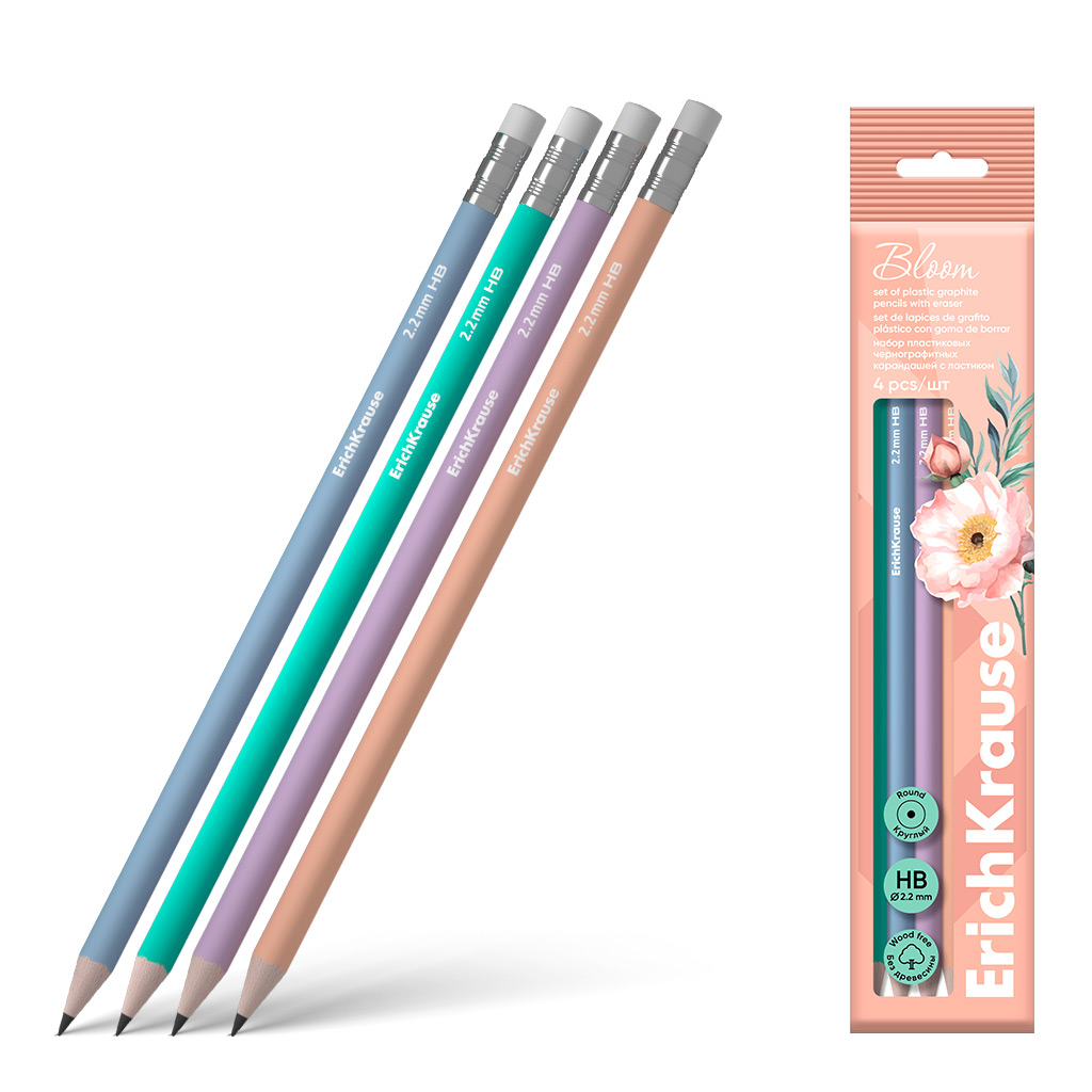 Набор из 4 чернографитных карандашей пластиковых ErichKrause JOY® Pastel Bloom, круглых, с ластиком, HB (в пакете)