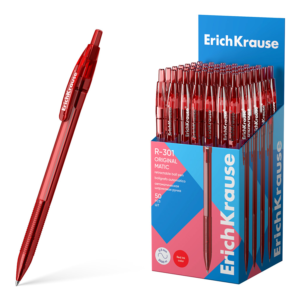Ручка шариковая автоматическая ErichKrause R-301 Matic Original 1.0, цвет чернил красный (в коробке по 50 шт.)