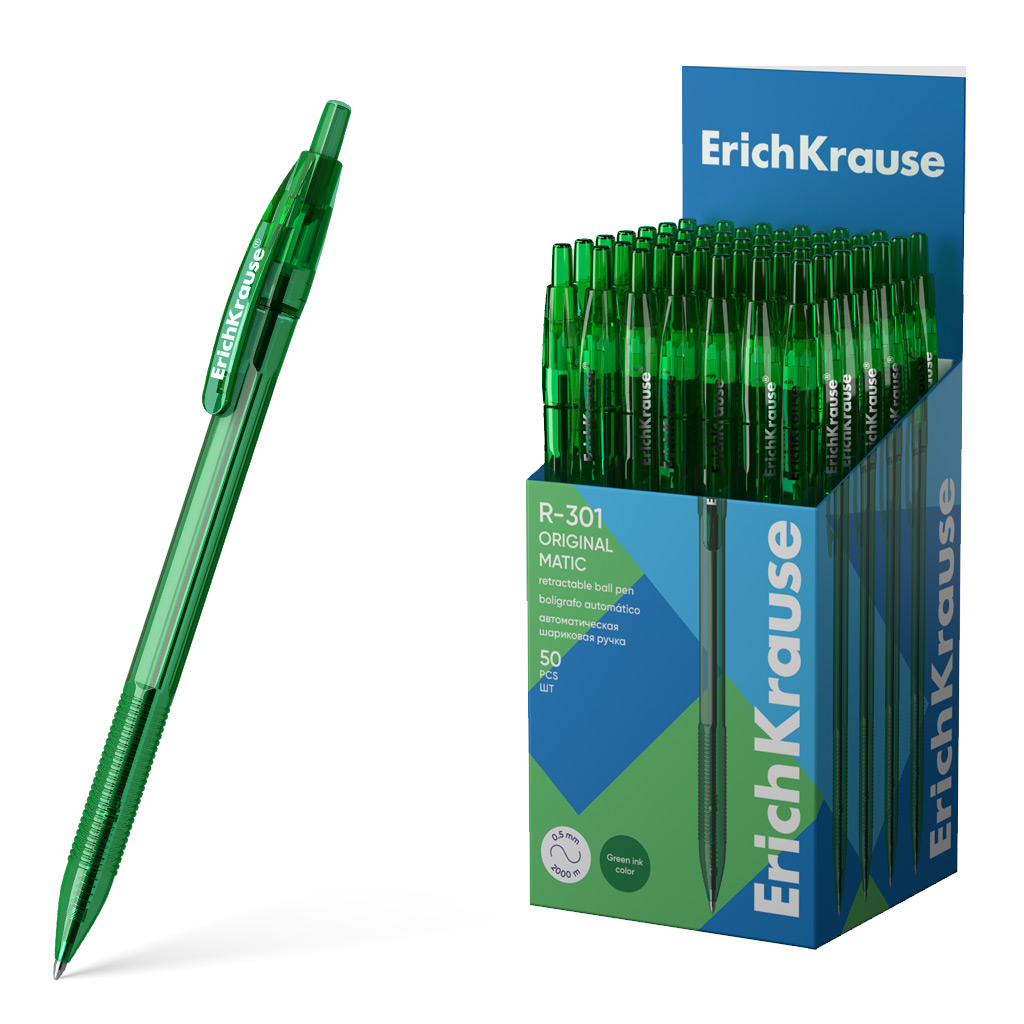 Ручка шариковая автоматическая ErichKrause R-301 Matic Original 1.0, цвет чернил зеленый (в коробке по 50 шт.)