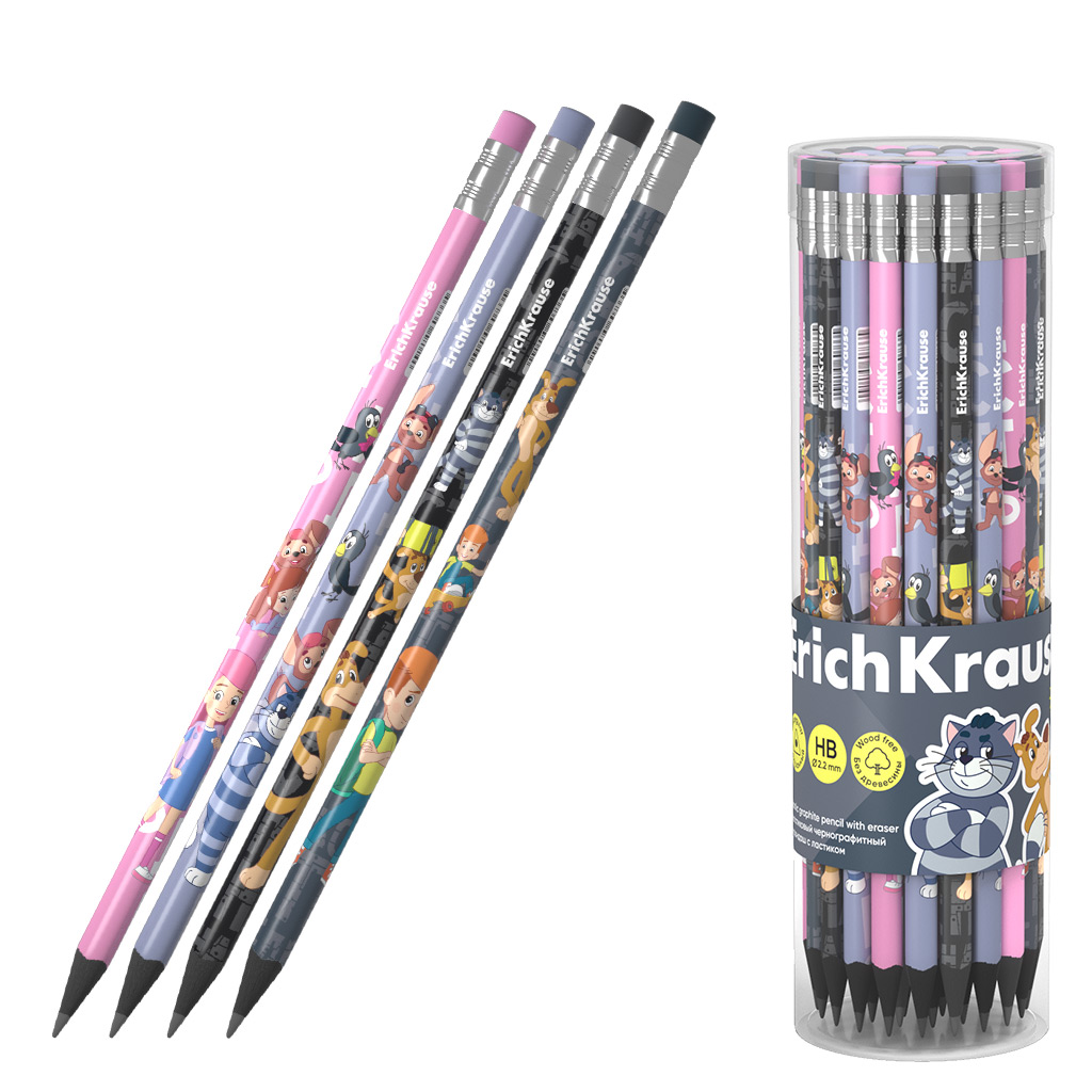 Чернографитный карандаш пластиковый ErichKrause Простоквашино, трехгранный, с ластиком, HB (в тубусе