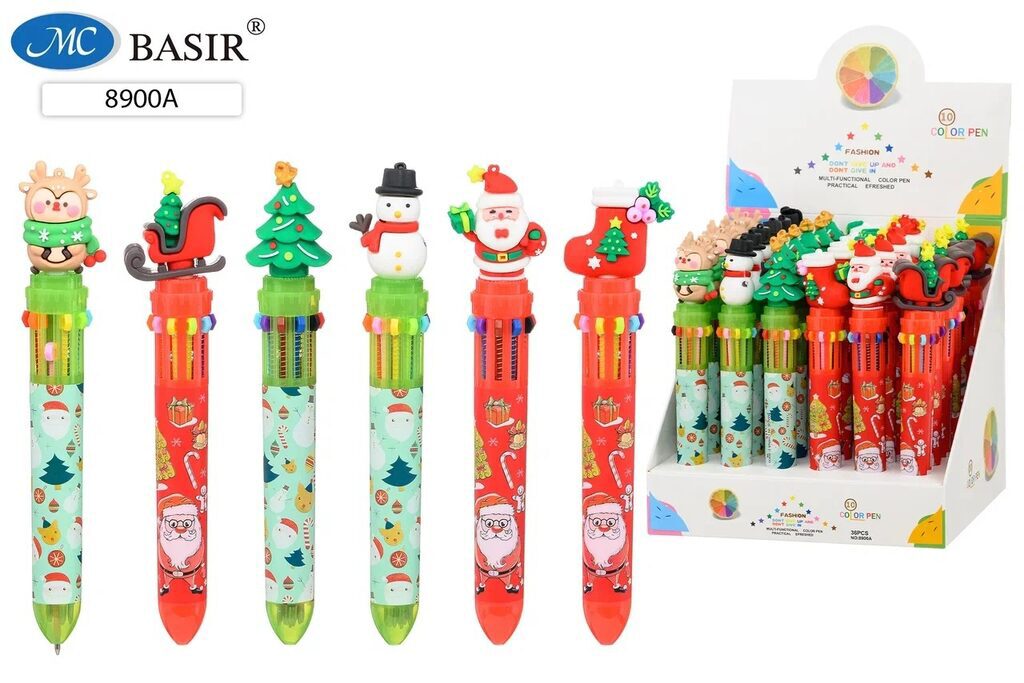 Ручка шар. многоцв. 10-ти цветная, "Новогодние" 0,5мм, прорезин.наконечник