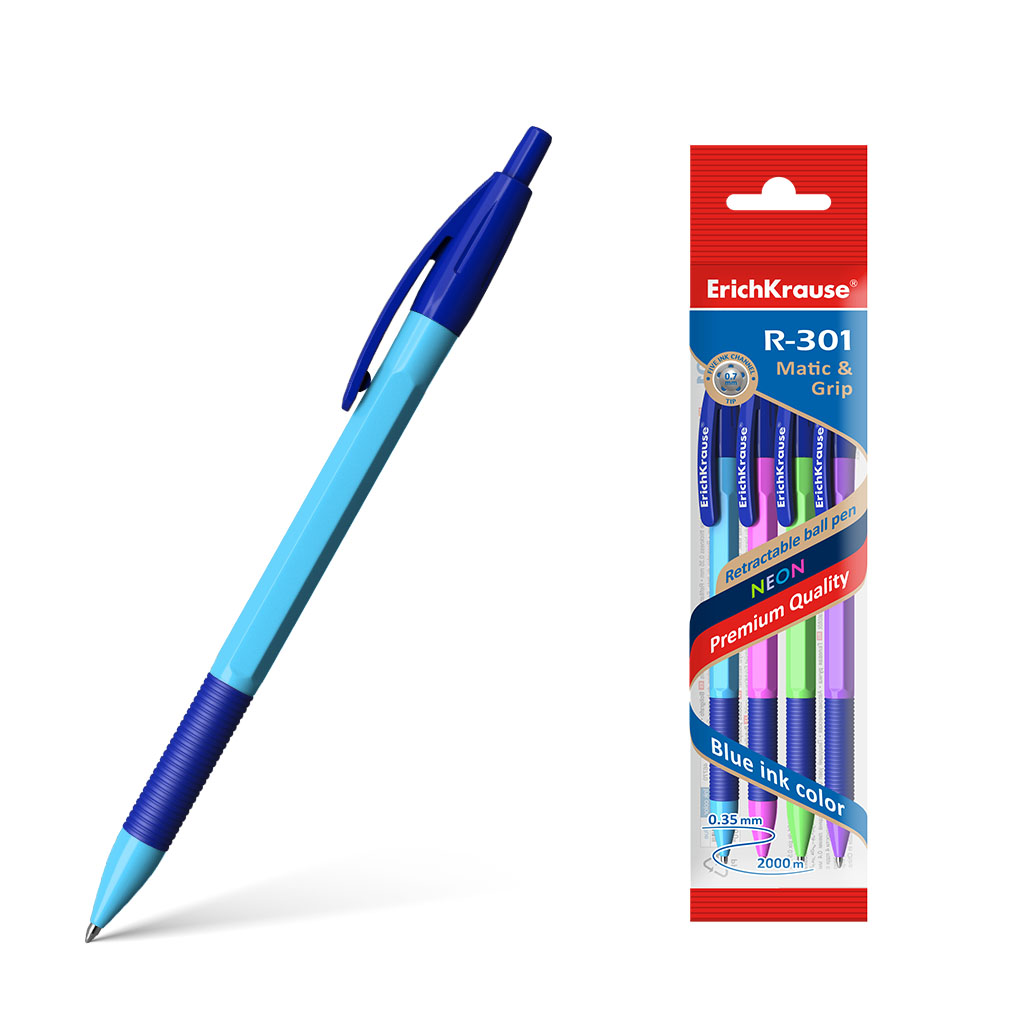 Ручка шариковая автоматическая ErichKrause® R-301 Neon Matic&Grip 0.7, цвет чернил синий (в пакете по 4 шт.)