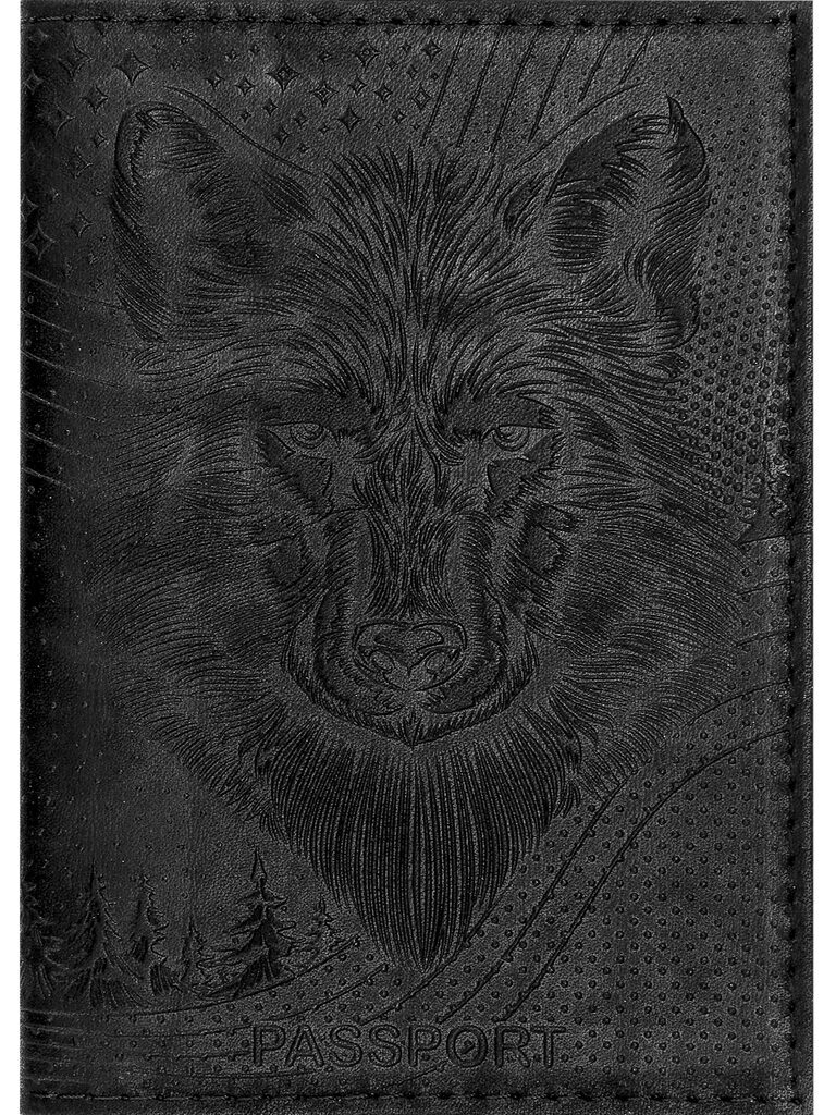 Обложка для паспорта натуральная кожа Волк, черный, сплошное тиснение по коже