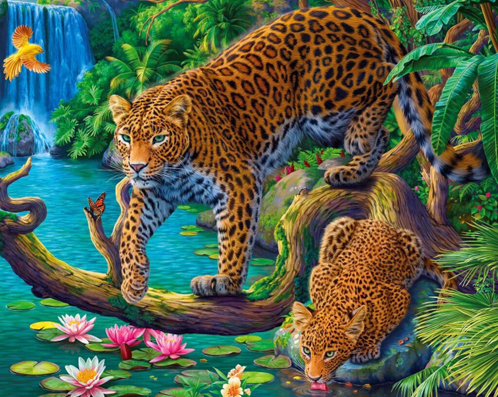 Картина по номерам на холсте 30*40см "Леопарды у водопада на дереве"