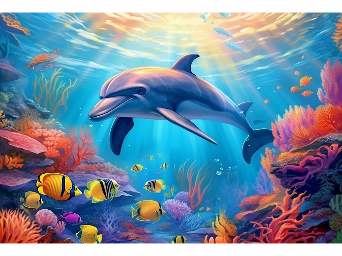 Мозаика алмазная по номерам на холсте 30*40см "Дельфин в коралловом рифе" с подрамником
