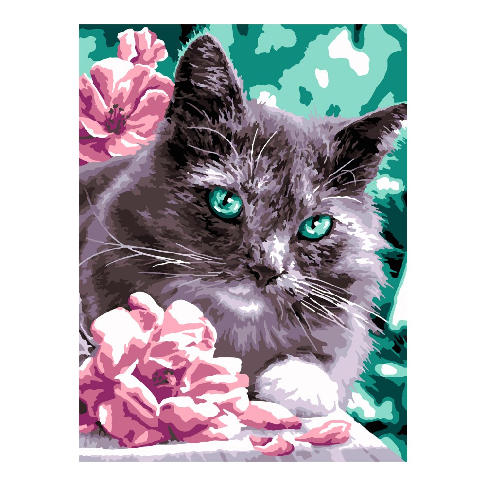 Картина по номерам на картоне 40*50см "Котик в цветах"