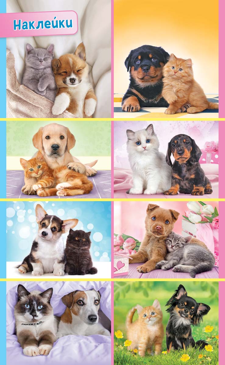 Наклейки детские 16*9см  "Котята и щенки" с блёстками