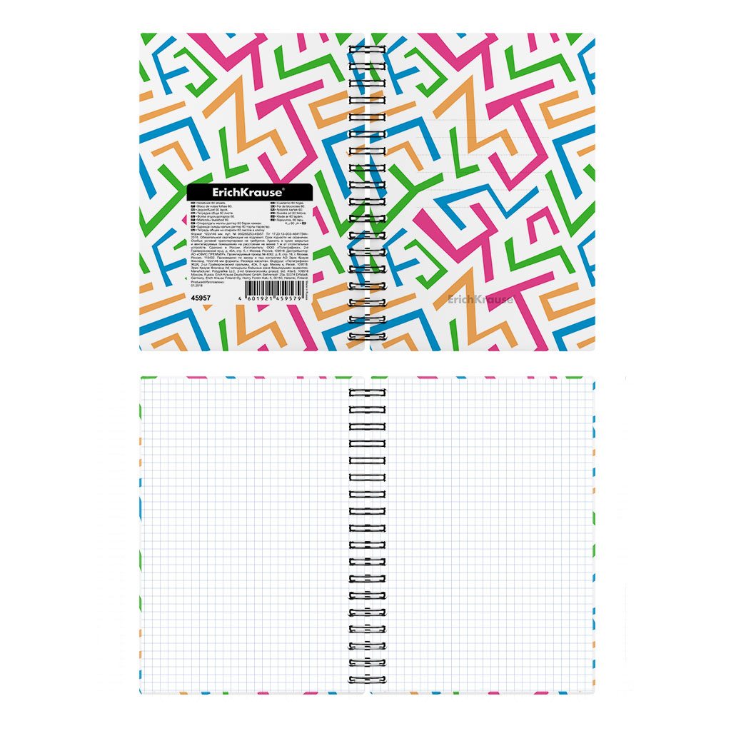 Тетрадь общая с пласт. обл. на спирали ErichKrause Линии, текстура песок, А6, 60 л., клетка